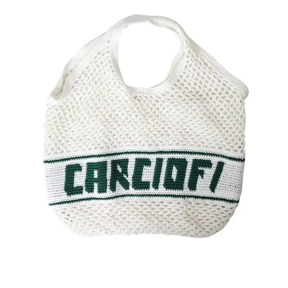 Dolce & Gabbana White Green Knitted Cotton Logo Shopping Tote Bag